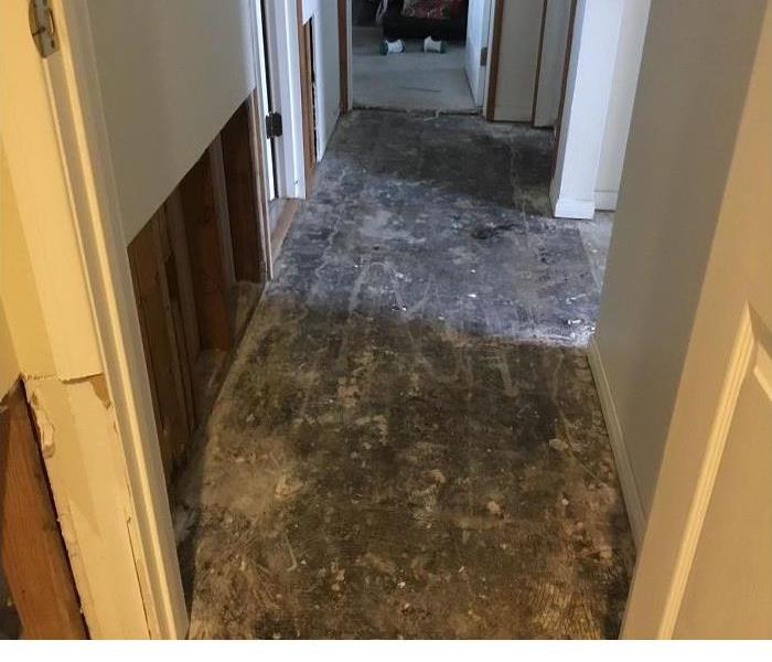 hallway with concrete floors and missing drywall one foot from ground